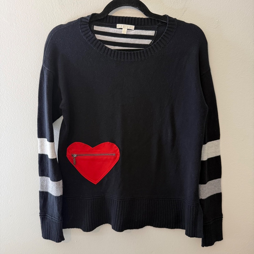 Lisa Todd Black Cotton Cashmere Heart Zipper Pocket Striped Sleeve Sweater S